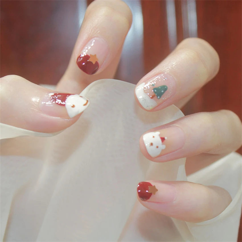 24Pcs/Set Christmas Collection Wearing False Nails Art Elk Santa Claus Snowman Press on Nail Tips Kawaii Acrylic Stick on Nails PDJ101-13181