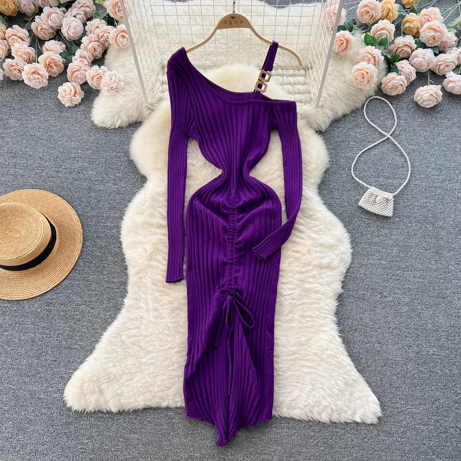 Women Dress Autumn Winter Sexy Package Hips Bodycon Dress Chic Fashion Luxury Knitted Dress Party Vestidos Dark Purple One Size