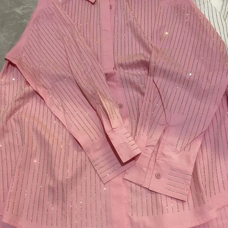 drill POLO collar shirt loose casual blouse ladies temperament elegant top Pink L