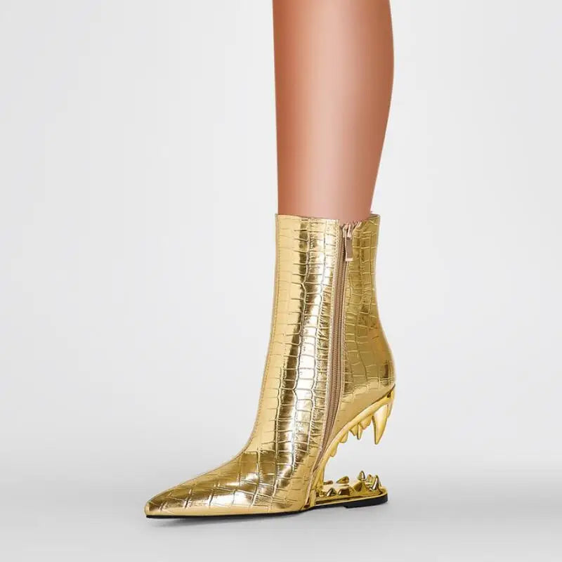 Tiger Tooth Shaped Heel Short Boots Autumn Winter New Sexy Leopard Pattern Wedge Heel Pointed Crocodile Women's Shoes Big Size