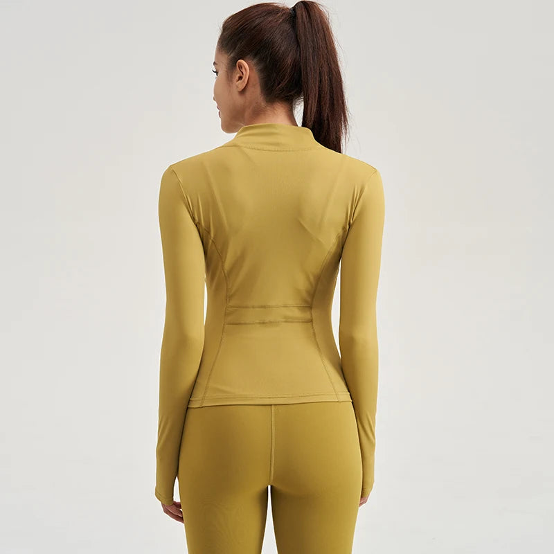 Gym Women's Full Zip Yoga Top With Thumbholes Fitness Running Jacket Stretch Fit Long Sleeve Round Neck-Top Sportswear