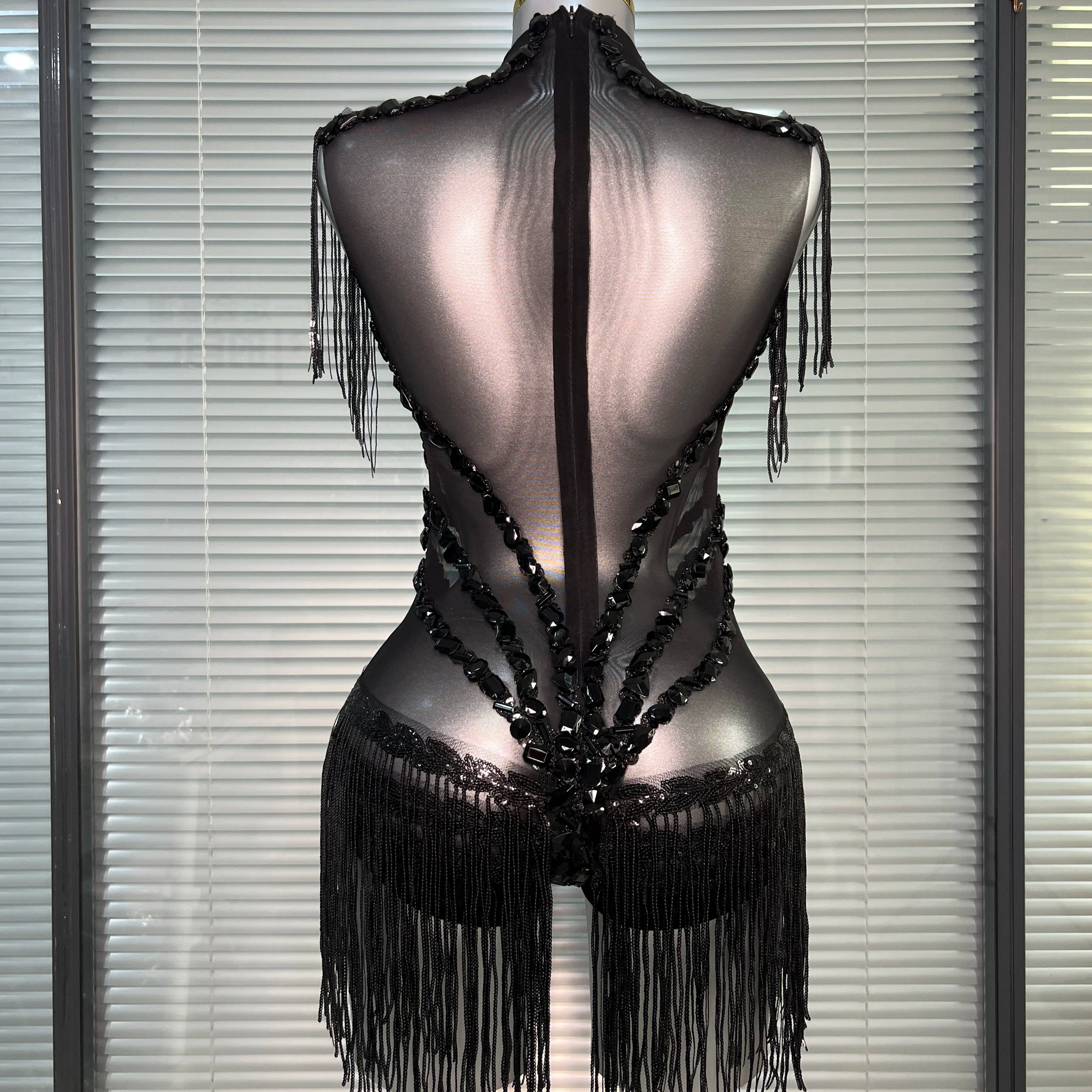 Summer New Women Sexy Black Tassel Crystal Diamonds Stretchy Night Club See Through Singer Dancer Stage Costume Party Bodysuit