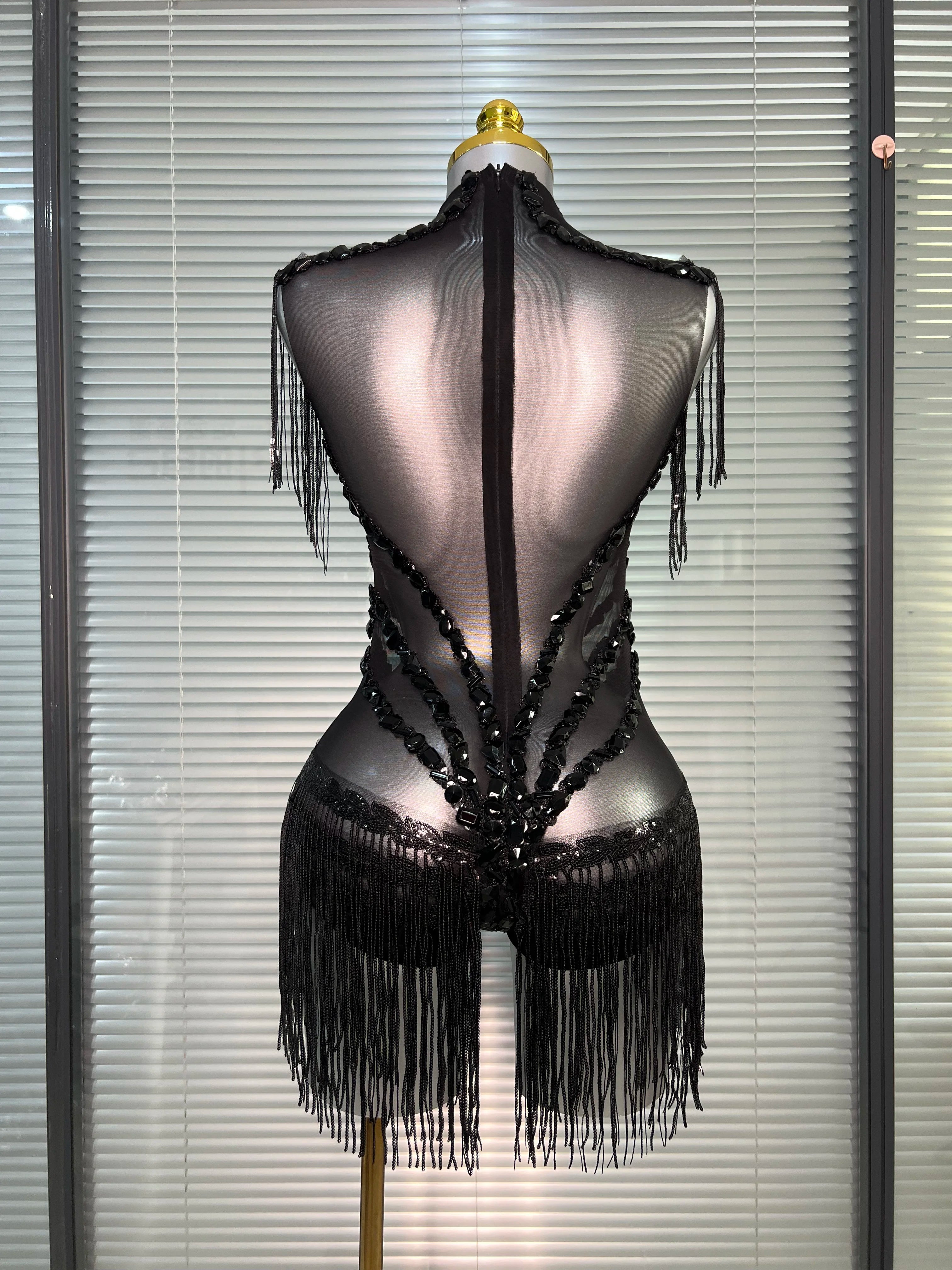 Summer New Women Sexy Black Tassel Crystal Diamonds Stretchy Night Club See Through Singer Dancer Stage Costume Party Bodysuit