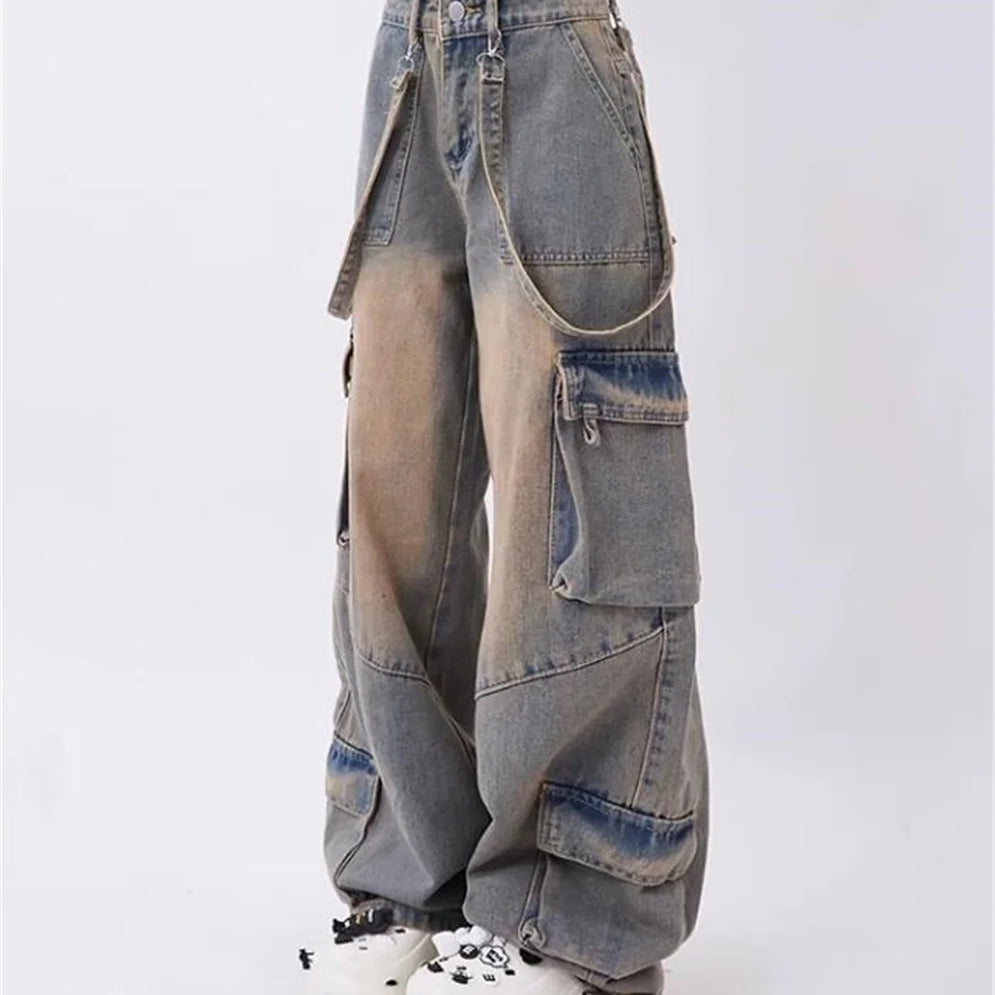 Y2k Cargo Jeans Pants Women Rave Pants Street Oversize Loose Wide-leg Pockets Female Pant Vintage Hip Hop Denim Trousers