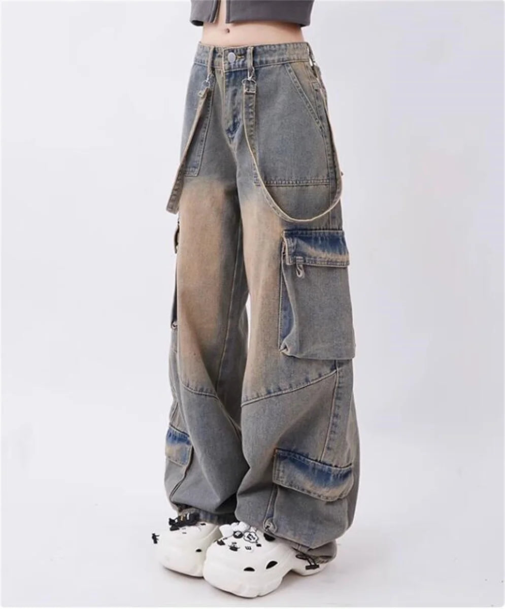 Y2k Cargo Jeans Pants Women Rave Pants Street Oversize Loose Wide-leg Pockets Female Pant Vintage Hip Hop Denim Trousers