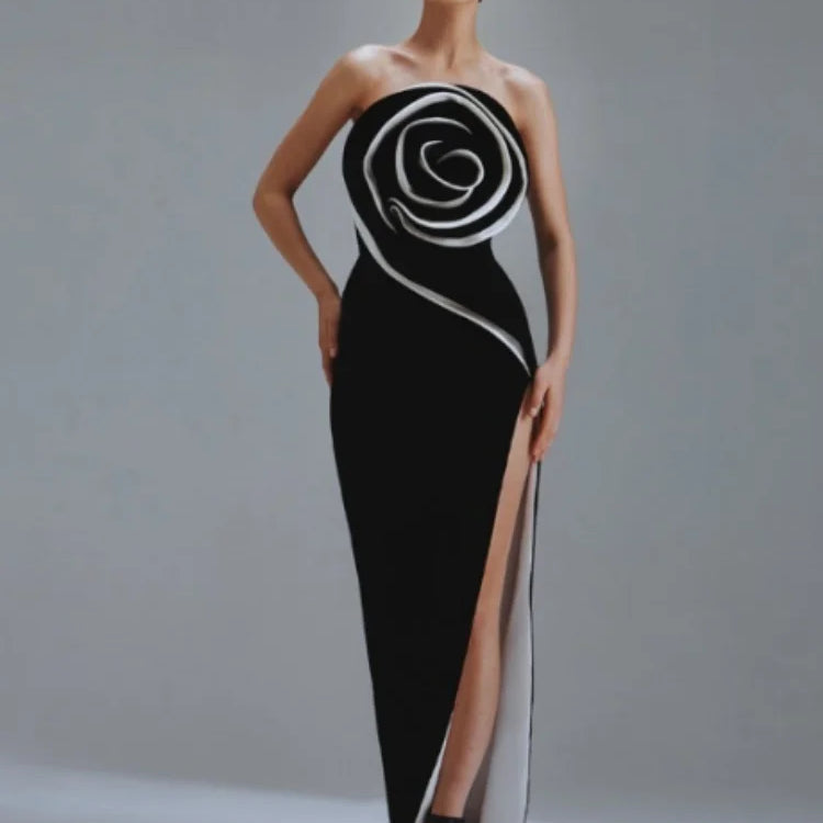 Vestido longo preto feminino, sexy, tomara que caia, com estampa floral grande, colado ao corpo, para comemoração de aniversário, festa de formatura