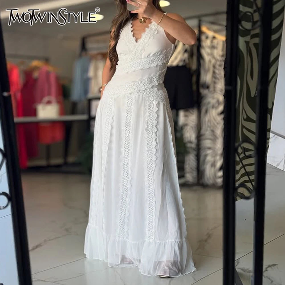 TWOTWINSTYLE White Spliced Lace Minimalist Dresses for Women V Neck Sleeveless Temperamnet Long Dress Female Fashion Clothes New