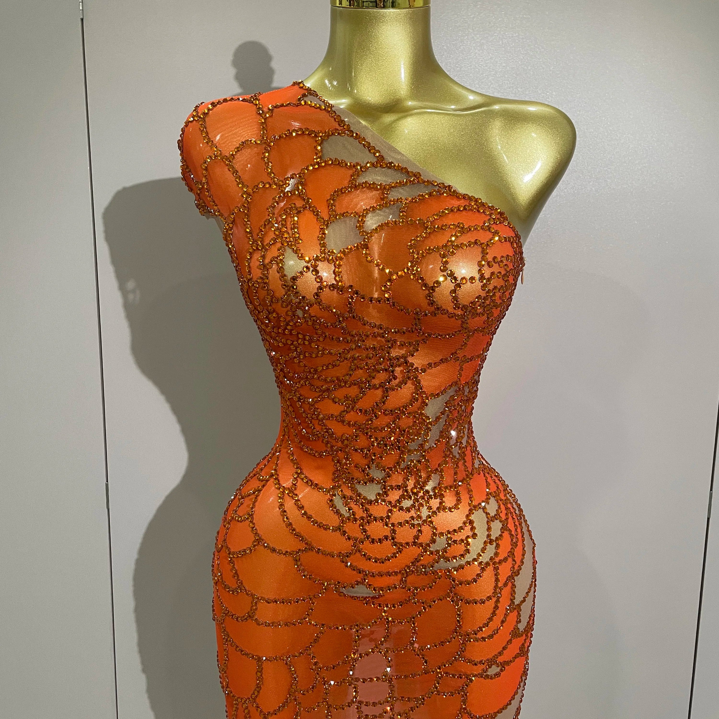 STOCK Women Shining Rhinestones Sexy One Shoulder Cultivation Dress Birthday Celebrate Party Evening Gown Singer Stage Costume