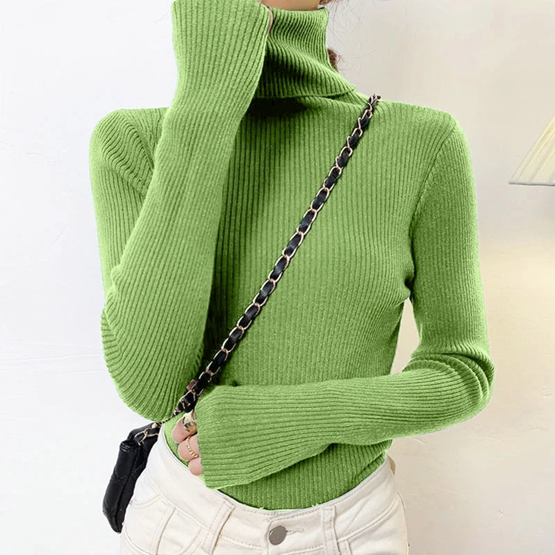 Winter Turtleneck Women's Sweater Knitted Pullover Soft Slim Long Sleeve Top Solid Color Basic High Neck Jumper Woman Clothing green-High neck One Size(40-65kg)