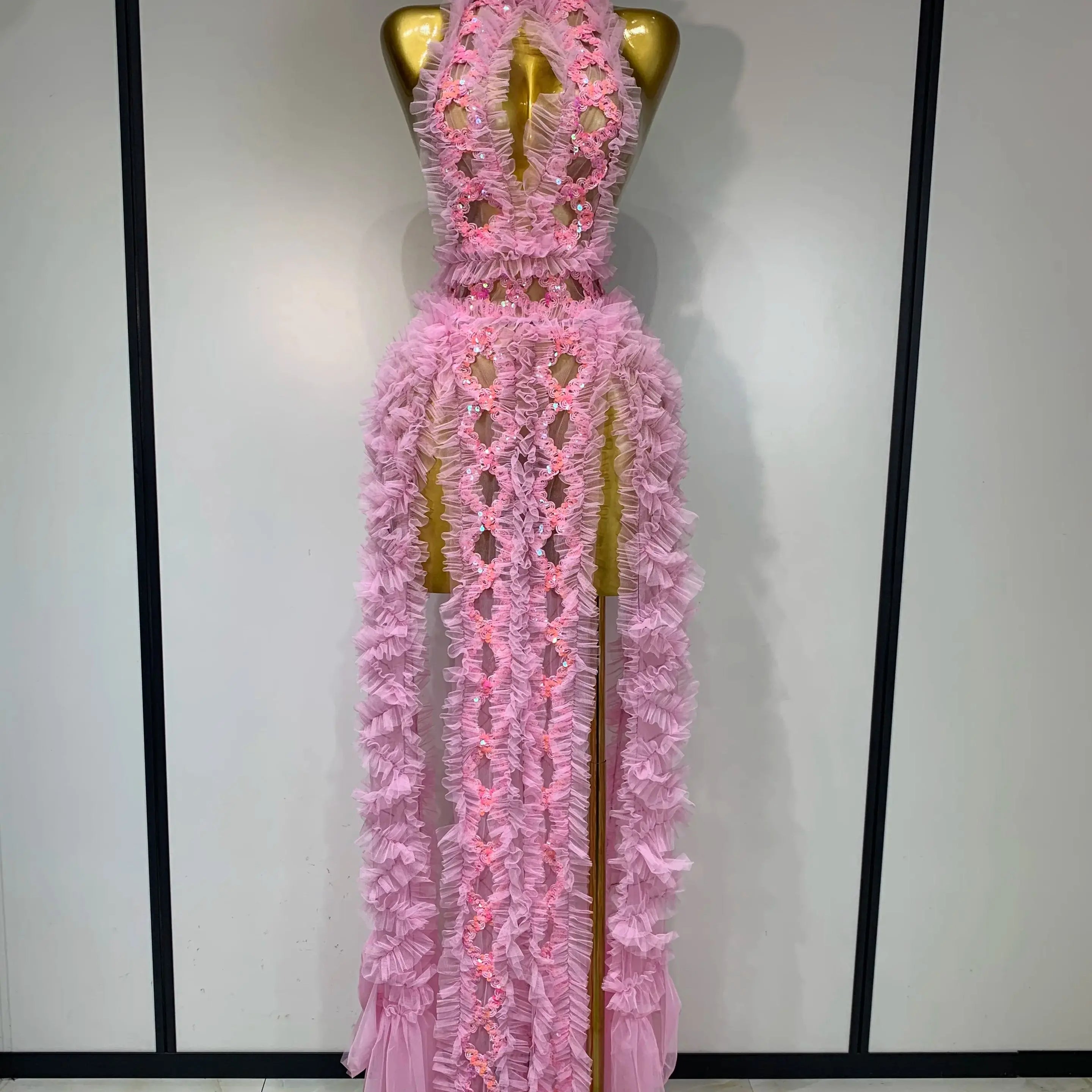 Mesh Sequins Sexy Backless Halter See Through Dress 2025 Birthday Evening Party Prom Nightclub Singer Stage Performance Costume