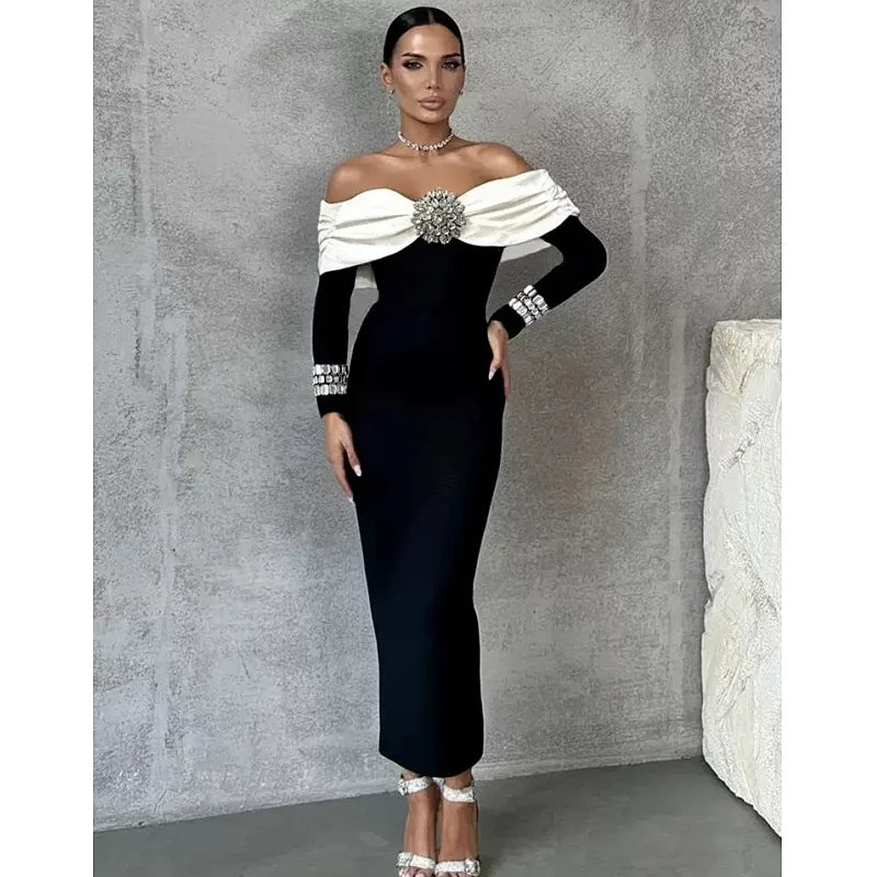 Sexy Off The Shoulder Luxury Diamonds White Patchwork Black Long Bandage Dress Elegant Woman Party Dress Wedding Party Vestido