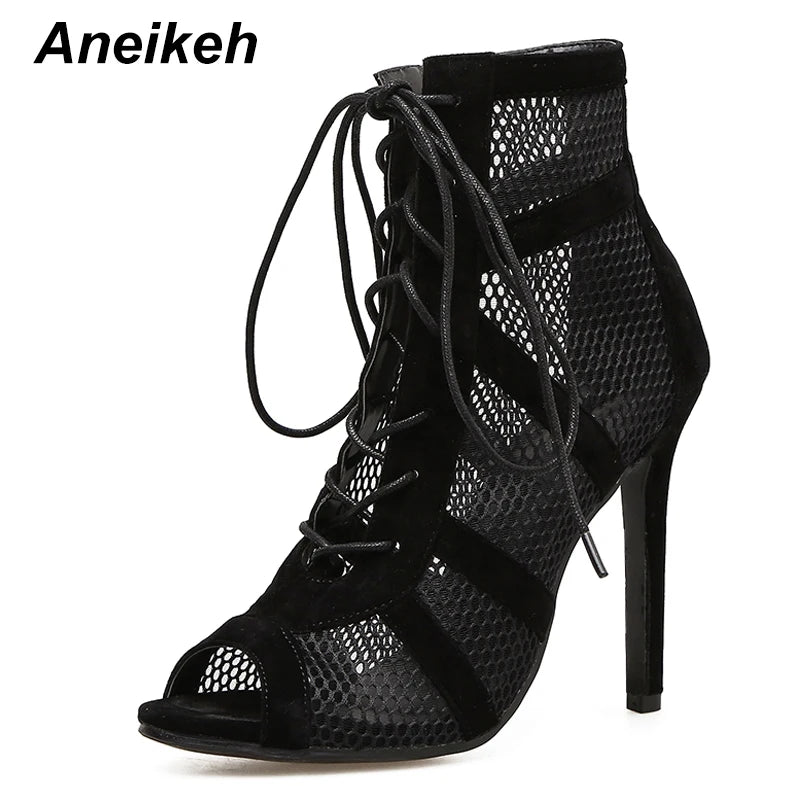 Black Mesh Women's Boots Fashion Peep Toe Lace-up High Heels Women Transparent Ankle Boots Female Sandals Pumps Dress
