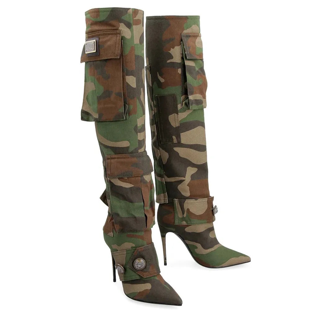 YJXKJY 2023 New Female Camouflage Bag Knee Length Boots Canvas Stiletto High Heel Buckle Pointed Toe Women‘s Big Size 43 Shoes