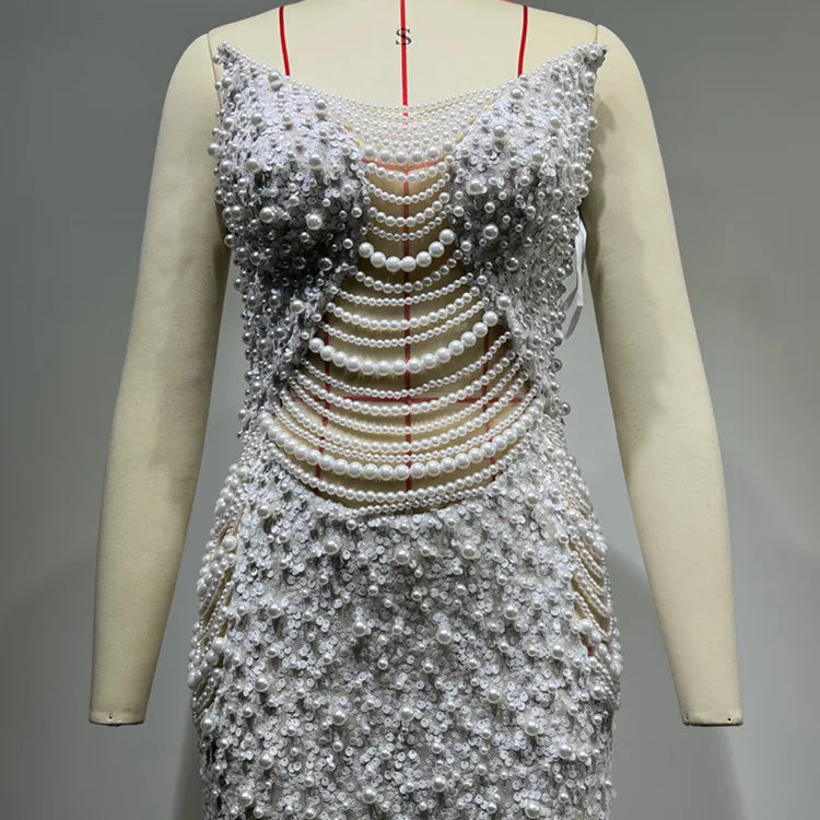 Vestido feminino luxuoso, sexy, sem alças, costas nuas, pérolas, lantejoulas, maxi longo, bege, elegante, para festa à noite, clube