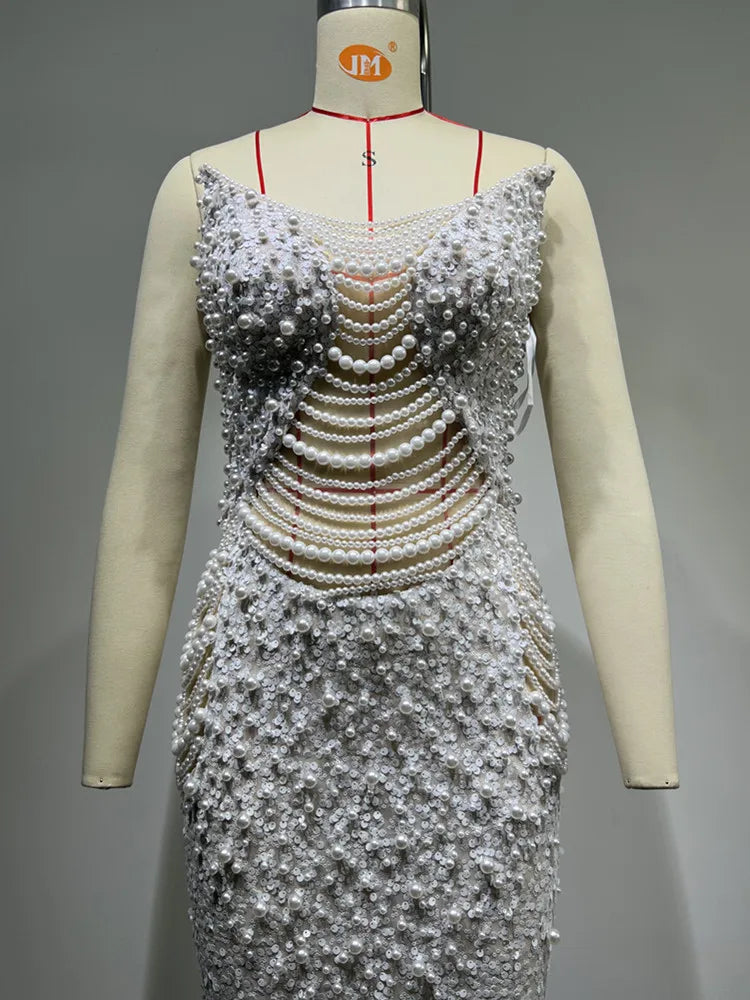 Vestido feminino luxuoso, sexy, sem alças, costas nuas, pérolas, lantejoulas, maxi longo, bege, elegante, para festa à noite, clube