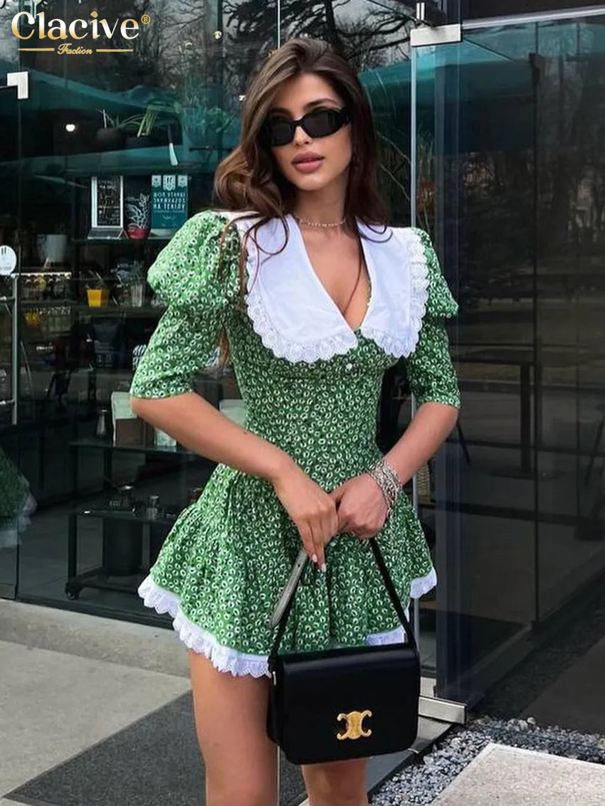 Clacive Summer Slim Print Women'S Dress Bodycon Doll Collar Short Sleeve Mini Dresses Elegant Lace Patchwork Female Dress green CN