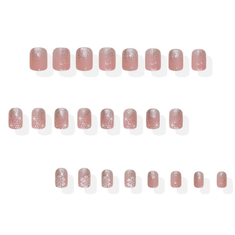 24Pcs Winter Collection Press on Nails Silver Glitter Gradient with White Snowflake and Four-Pointed Star Perfect Gift for Girls