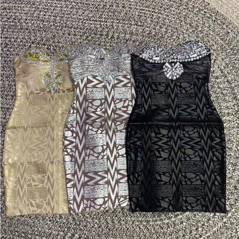 Vestido curto feminino sexy, sem alças, com cristais, estilo bandagem, moda boate, festa, comemoração, cor preta, prateada e dourada