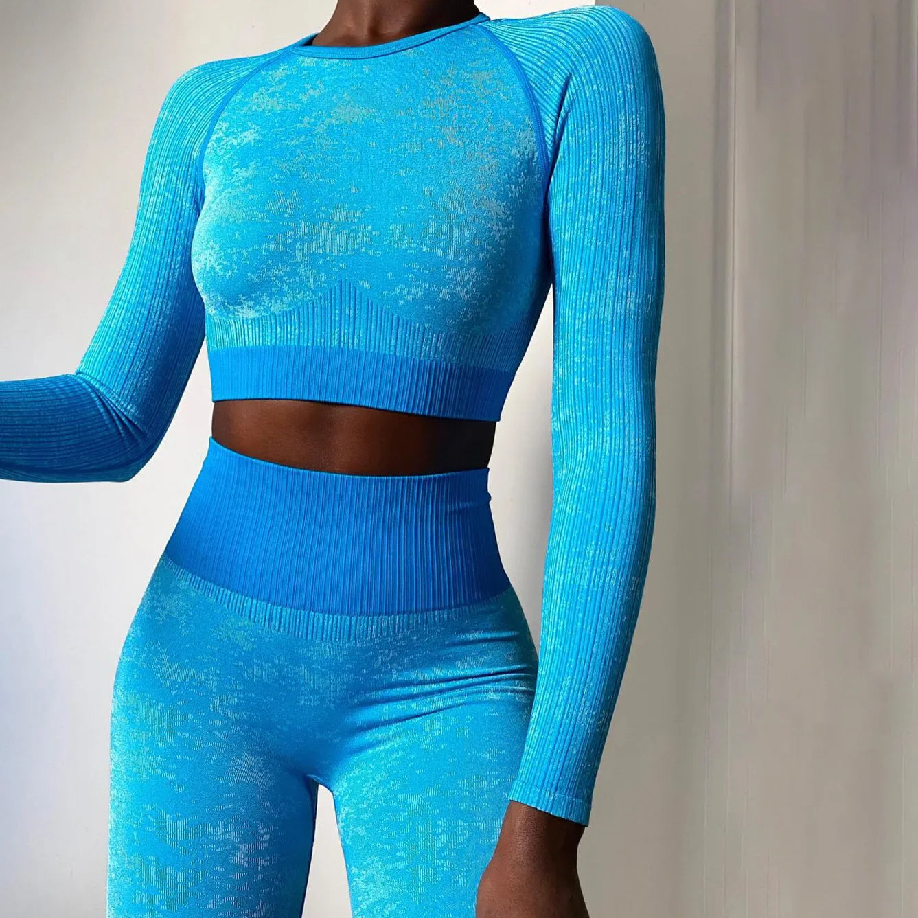 Rid Seamless Yoga Set Women 2pcs Two Piece Long Sleeve Crop Top T-Shirt Leggings Outfit Clothes Gym Wear Fitness Suit Sport Sets Blue Set