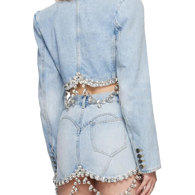 Spliced Diamonds Tassel Denim Two Piece Set For Women Lapel Long Sleeve Coat High Waist Mini Skirt Fashion Set