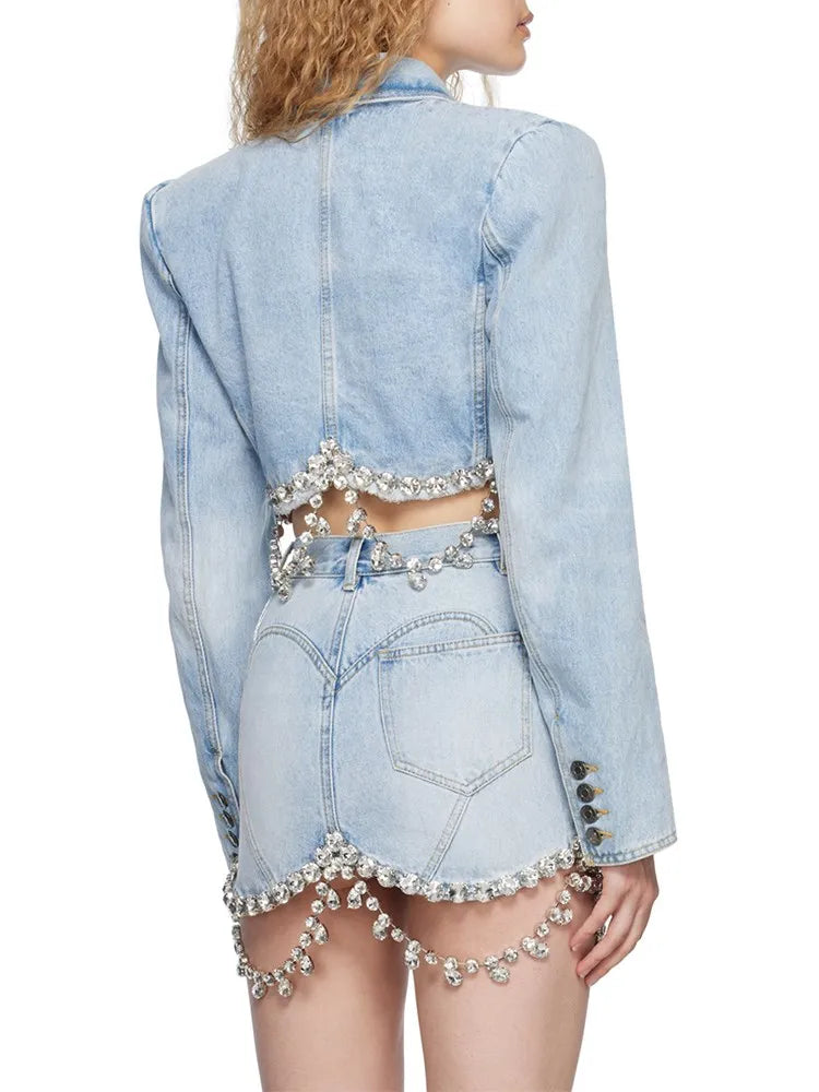 Spliced Diamonds Tassel Denim Two Piece Set For Women Lapel Long Sleeve Coat High Waist Mini Skirt Fashion Set