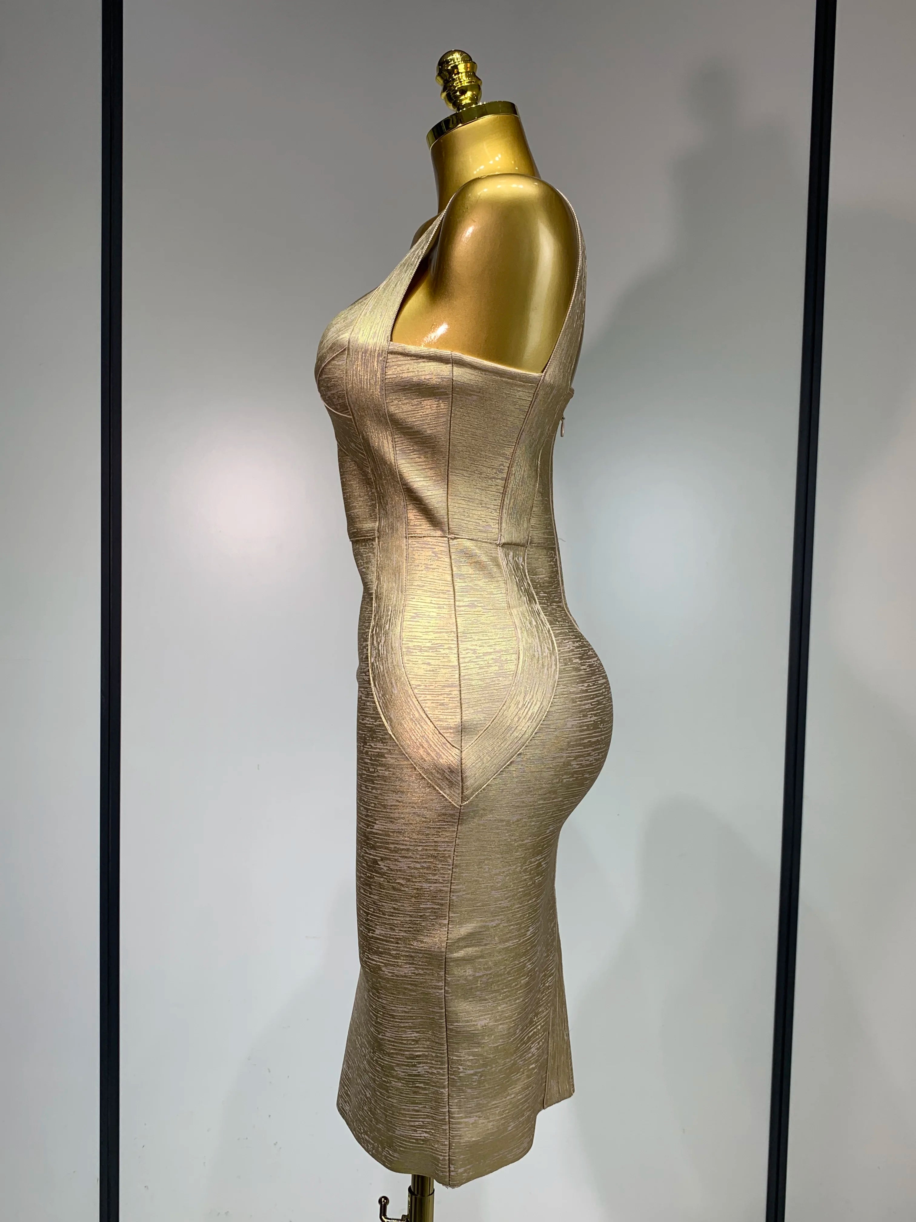 Women Sexy V Neck Bronzing Gold Midi Bodycon Bandage Dress 2025 Celebrity Elegant Evening Club Party Luxury Birthday Dress