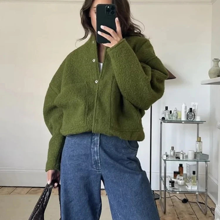 Women Fashion With Pockets Oversized Bomber Jacket Coat Vintage Long Sleeve Snap Button Female Outerwear Chic Tops