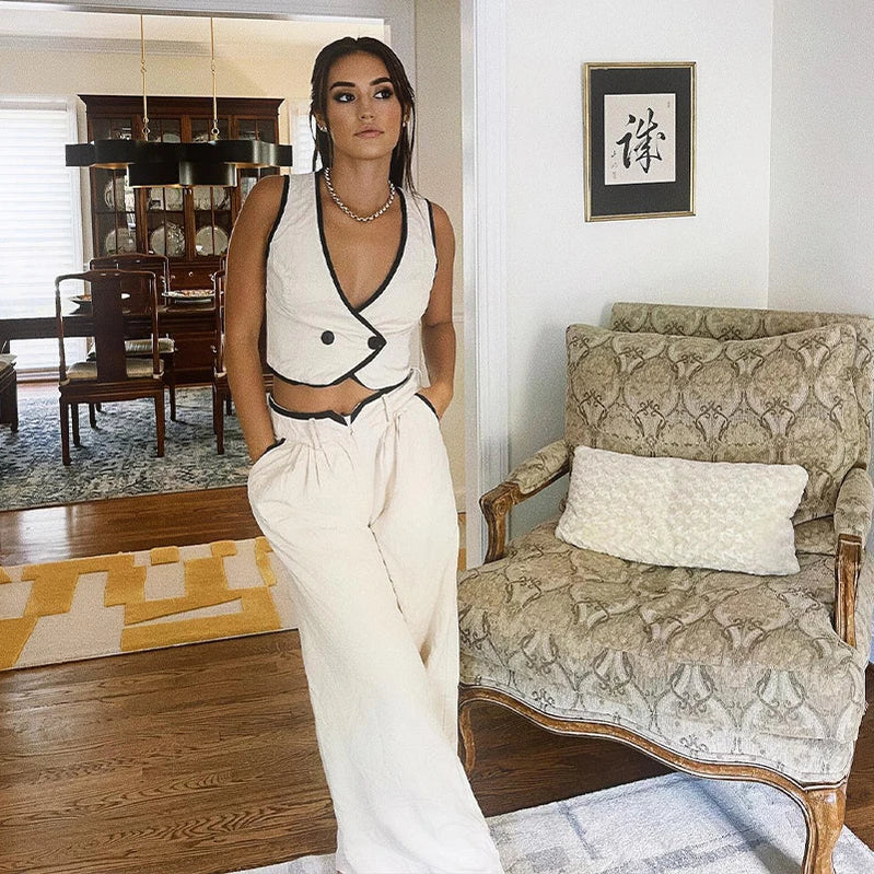 Womens Spliced V-neck Sleeveless Tank Top Suits Elegant Casual Pocket Wide Leg Pant Women 2 Piece Sets Vest Pants Outfit Vest Pants Outfit