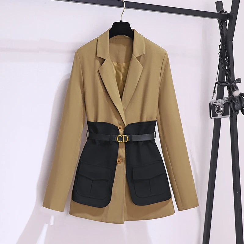 Autumn Winter Blazer For Women Patchwork Color Korean Fashion Design Casual Coat And Jacket Women With Belt Outwears Khaki