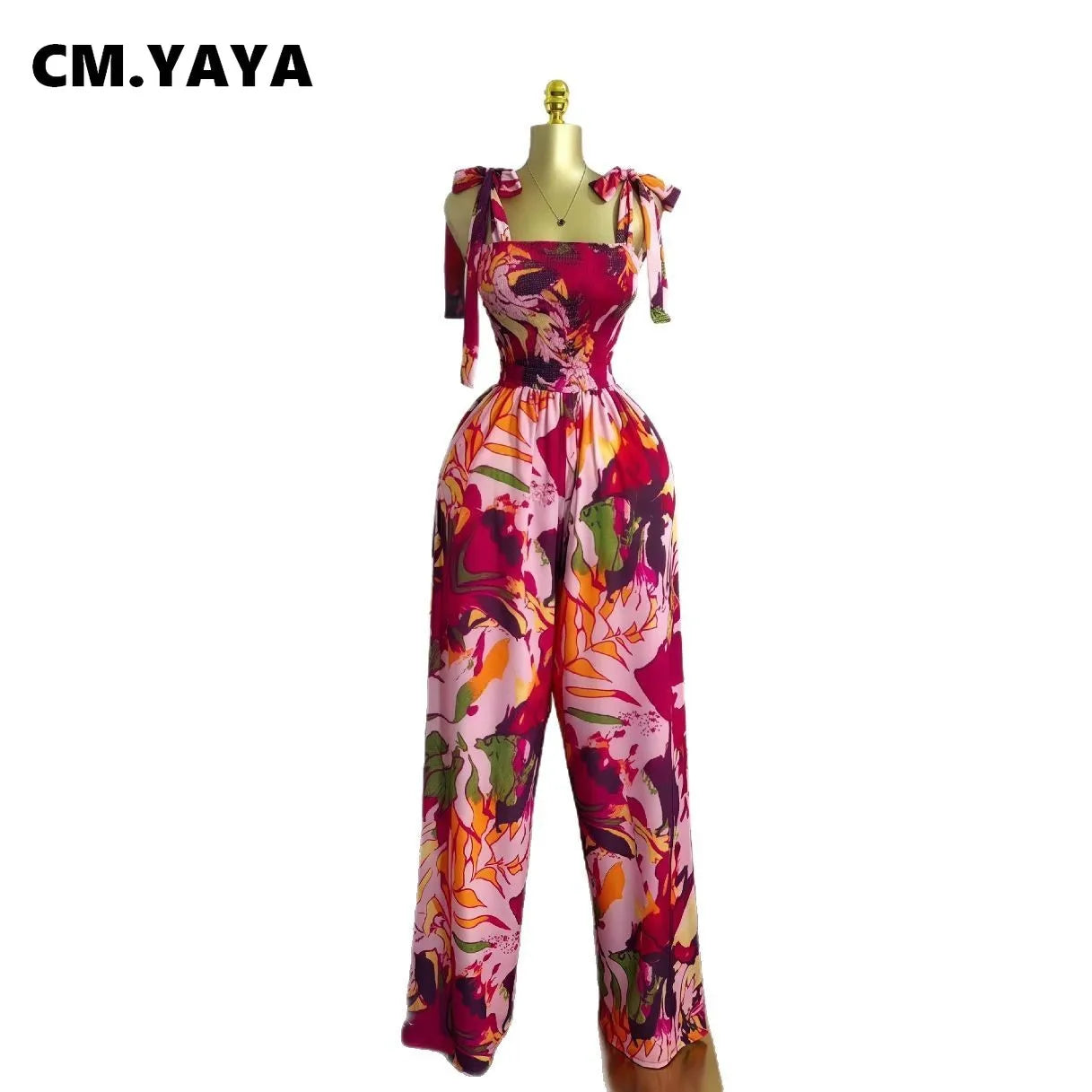 CM.YAYA Leaf Printed Women Bowknot Shoulder Sleeveless Jumpsuits 2025 Summer Beach Boho Holiday Outfits One Piece Suit Romper