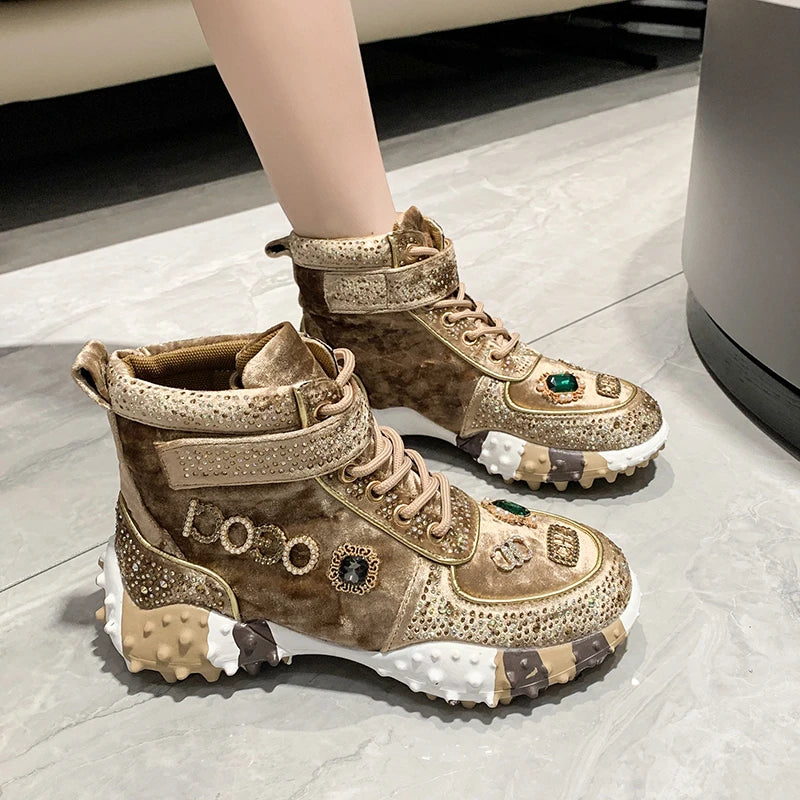 Ladies Vulcanized Shoes High Top Durian Sole Women Shoes Fashion Rhinestone Decoration Magic Sticker Lace Up Black Women Shoes