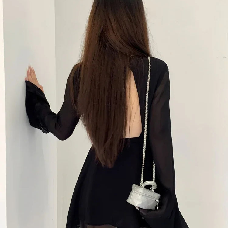 HOUZHOU Backless Black Dress Women Elegant Back Hollow Out Lace-up Long Sleeve Mesh Patchwork Sexy Slim Ruffle Mini Dress Party