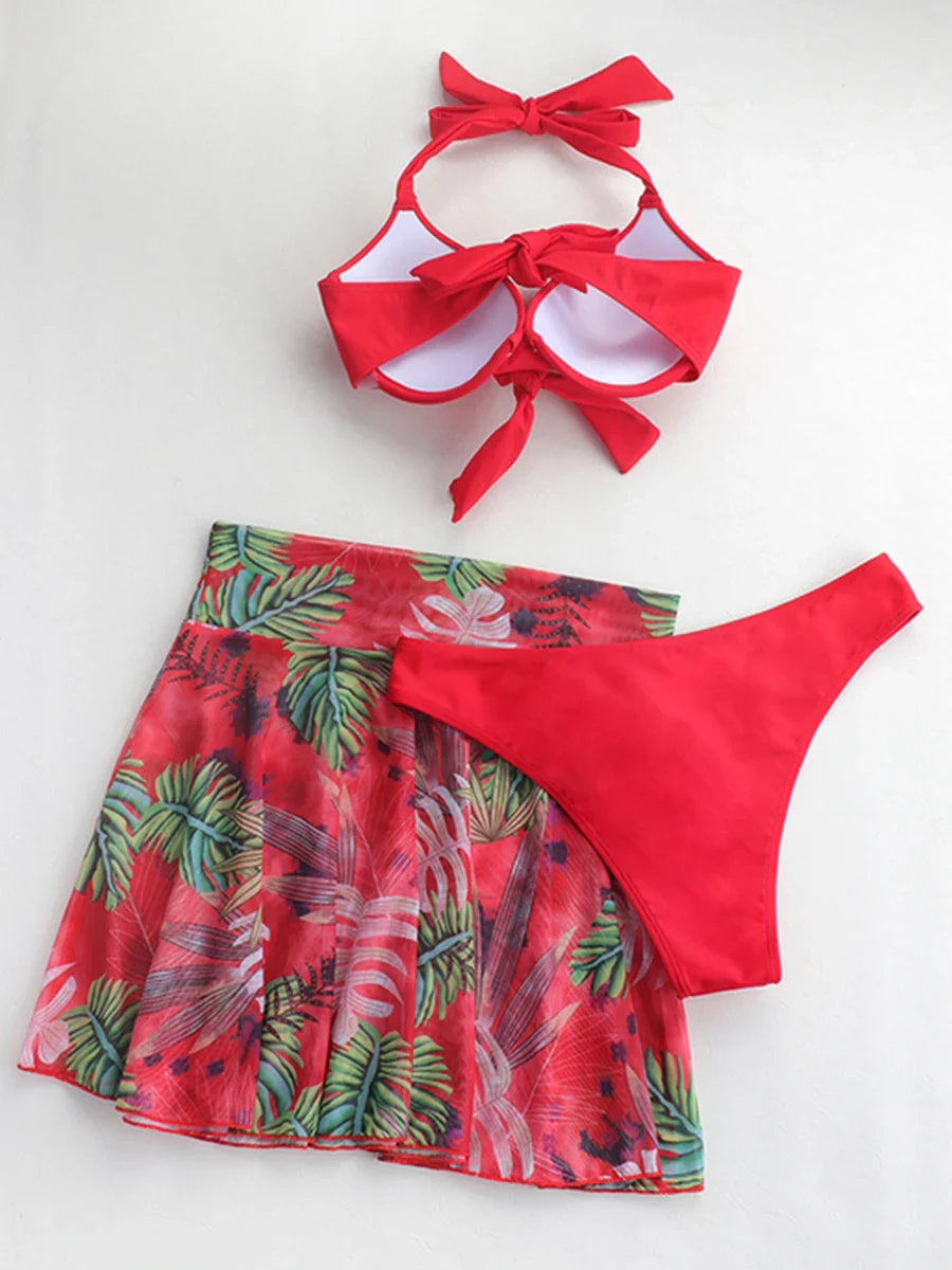 3 Piece Tropical Bikini Halter Push Up Swimsuit & Beach Shirt Swimwear Women Bathers Bathing Swimming Suit Female Beachwear