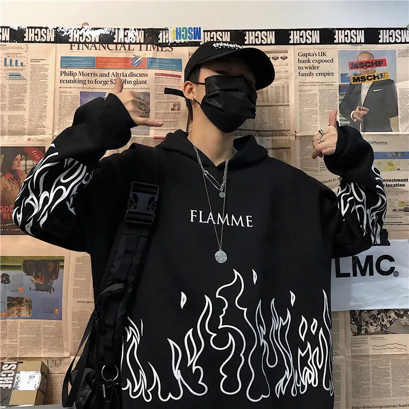 Retro Flame Print Hoodies Women Autumn Casual Oversized Long Sleeve Pullovers Tops Korean Style Harajuku Unisex Loose Sweatshirt
