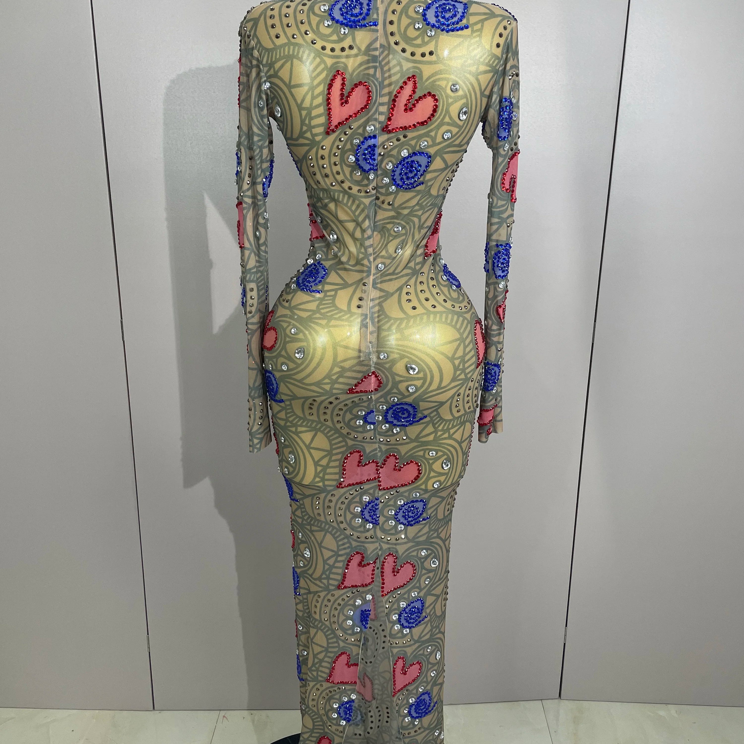 2025 Novo Diamante Brilhante Gola Alta Sexy Malha Envoltório Quadril Vestido Longo Anfitrião Reunião Anual Festa Boate Bar Performance Traje