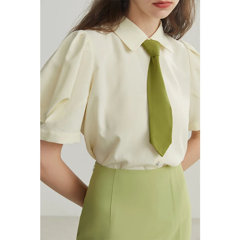 French Court Style Women Shirts Puff-sleeved Short Sleeve Elegant Vintage Casual Female Blouses Tops Yellow