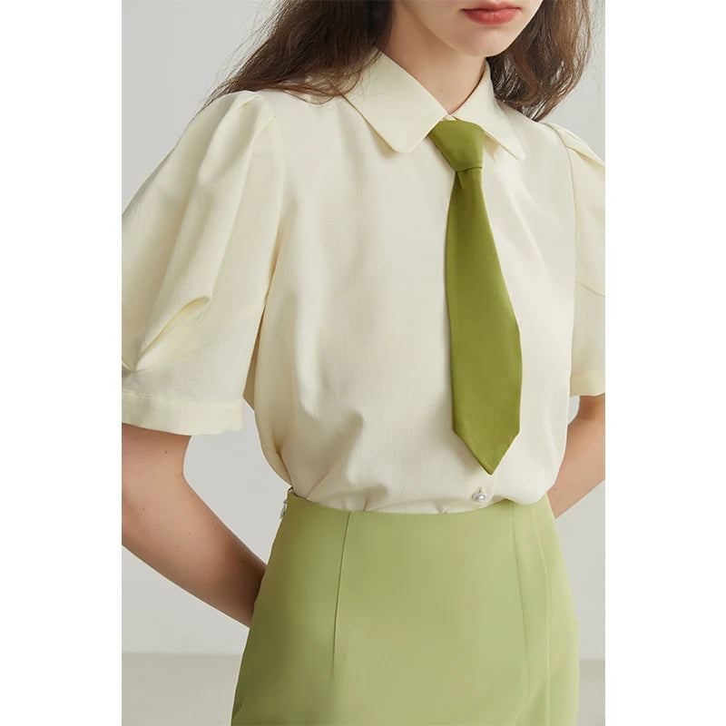 French Court Style Women Shirts Puff-sleeved Short Sleeve Elegant Vintage Casual Female Blouses Tops Yellow