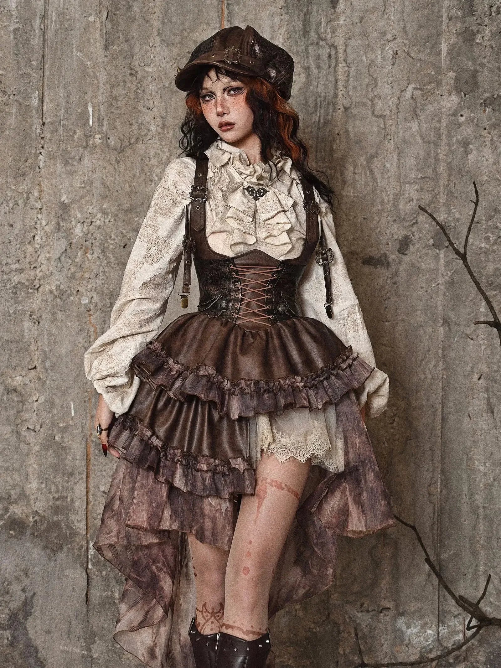 Original Punk Asymmetrical PU Chest Plate Strap Trailing Dresses Long Sleeve Shirt Dress Sets Autumn Gothic Girls Outfits