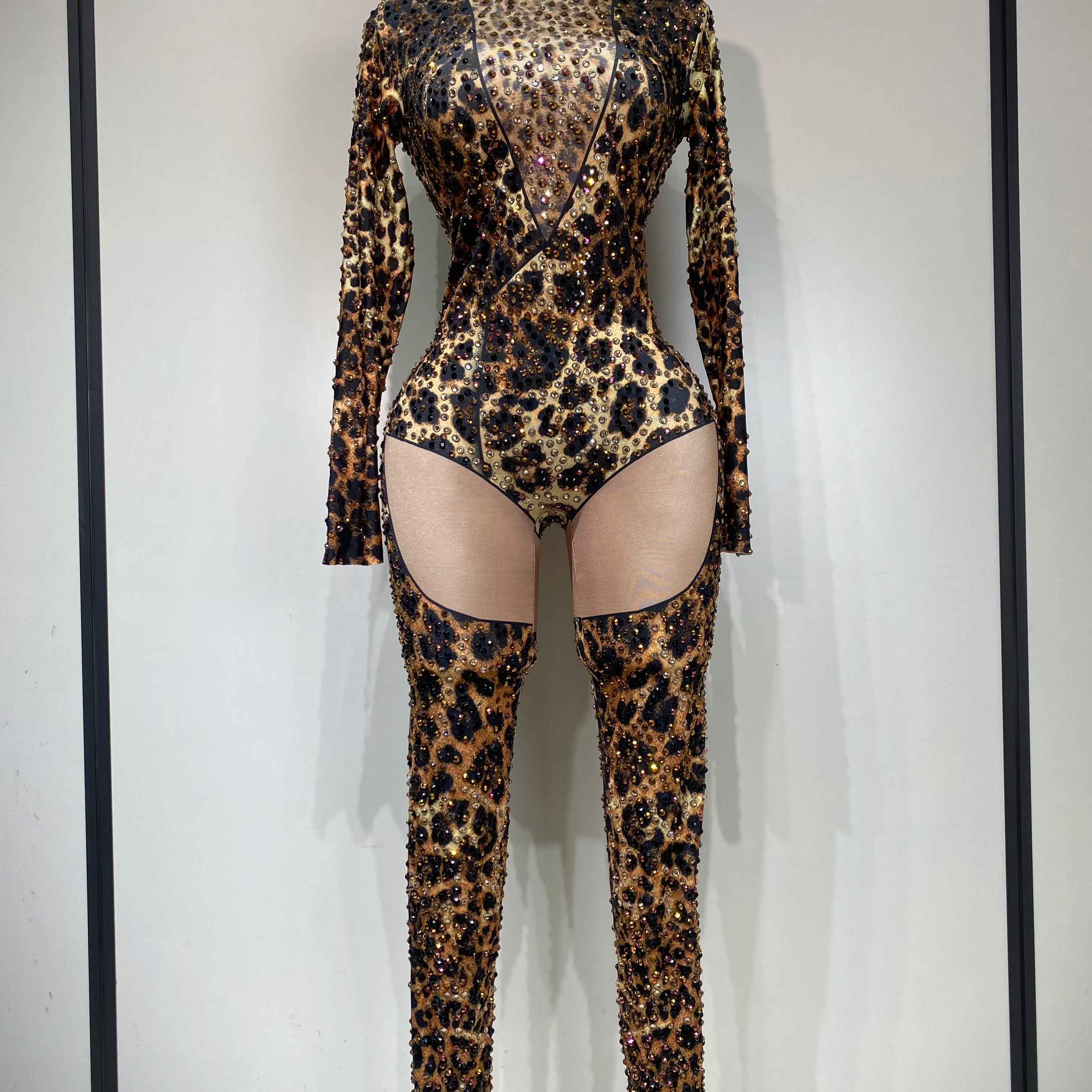Women 2025 Stretch Leopard Print Sexy Bodycon Jumpsuit Bar Nightclub Singer Dancer Luxury Diamond Stage Performance Outfit