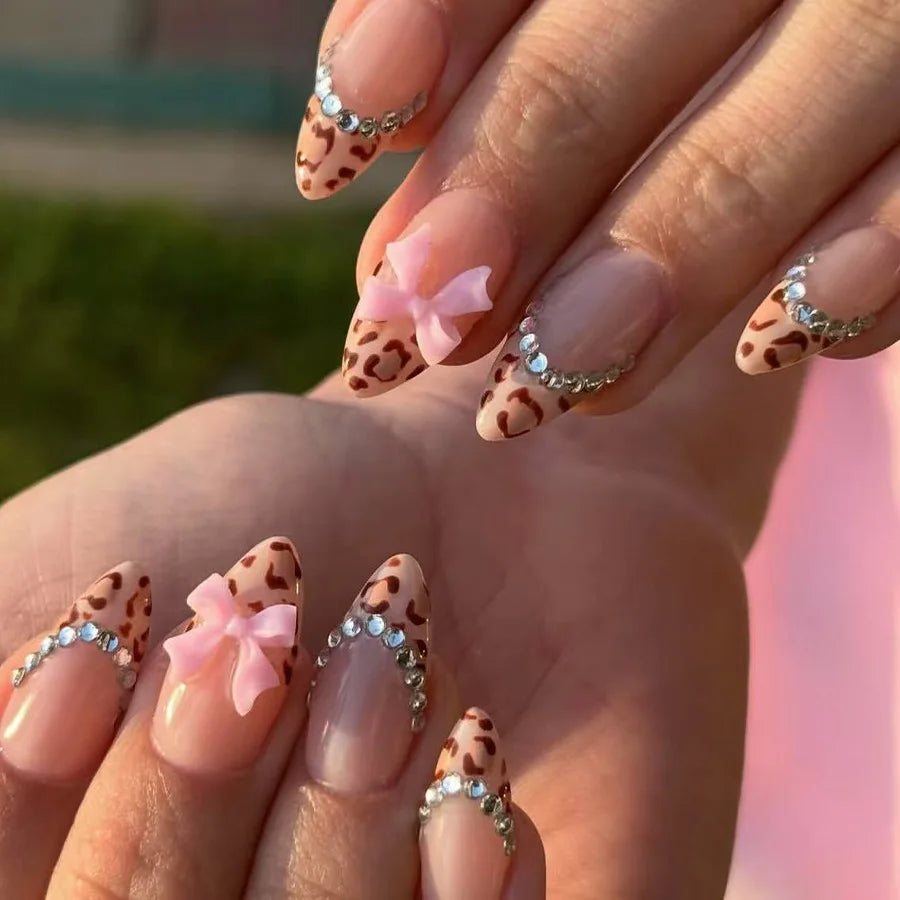 24pcs/set Short Medium fake nails for women girls 3D cute pink bow flowers leopard french square almond tips press on false nail