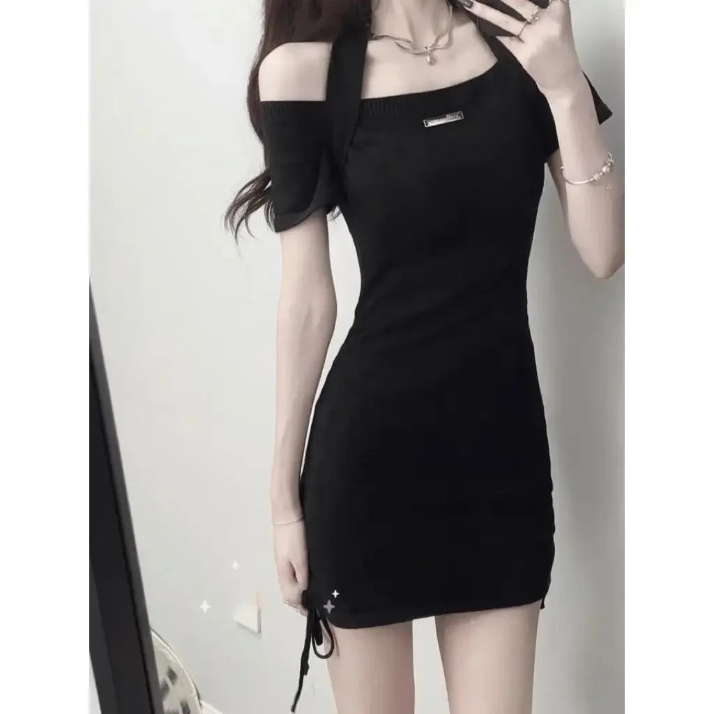 Black Dress Summer Hanging Neck Strap Dress Sexy Slim Mini Dress Solid Color Dresses Fashion Hip wrap skirt girl dress