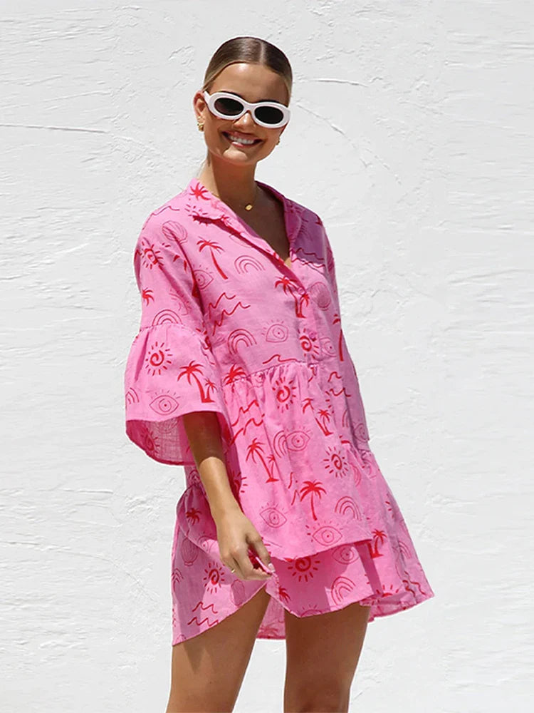 Print Flare Sleeve Ruffled Mini Women's Dress Elegant Shirt Collar Button Vestidos Spring Casual Loose Beach Female Dresses Figure Color 3