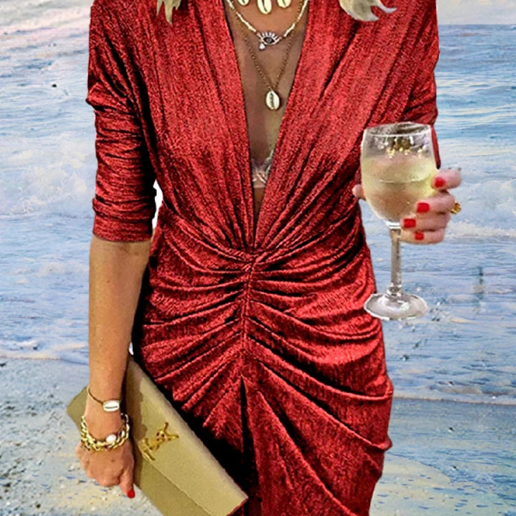 Elegant Bright Silk Long Sleeve Ruched Mini Dress Women Sexy Deep V Slit Night Club Party Evening Dress Female Autumn Vestidos red