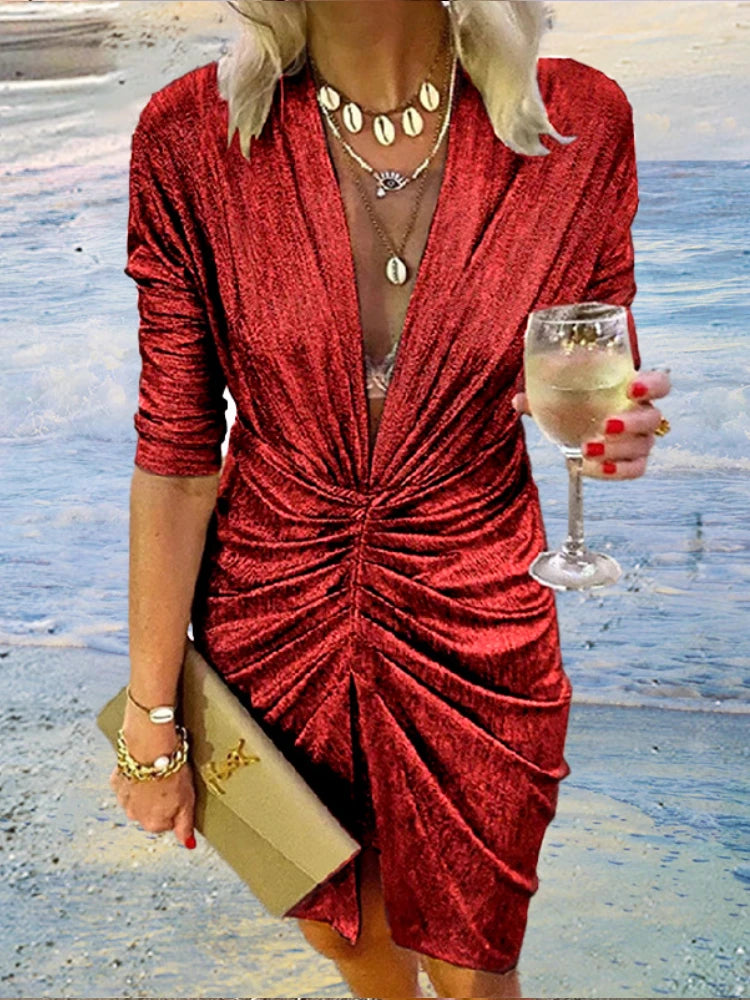 Elegant Bright Silk Long Sleeve Ruched Mini Dress Women Sexy Deep V Slit Night Club Party Evening Dress Female Autumn Vestidos red