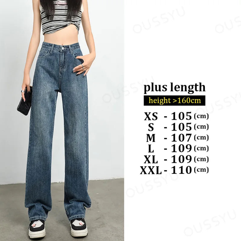 Jeans Women's High Waist Straight Wide Leg Cotton Y2K Denim Clothing Streetwear Vintage Fashion Pants Blue White Leisure Trouser Retro blue-plus