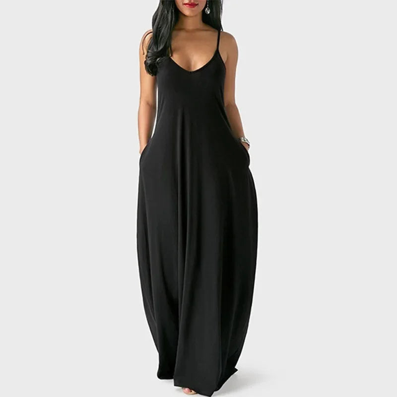 European and American Women's Cross border Summer New Product Solid Color Sexy Deep V Sling Dress black