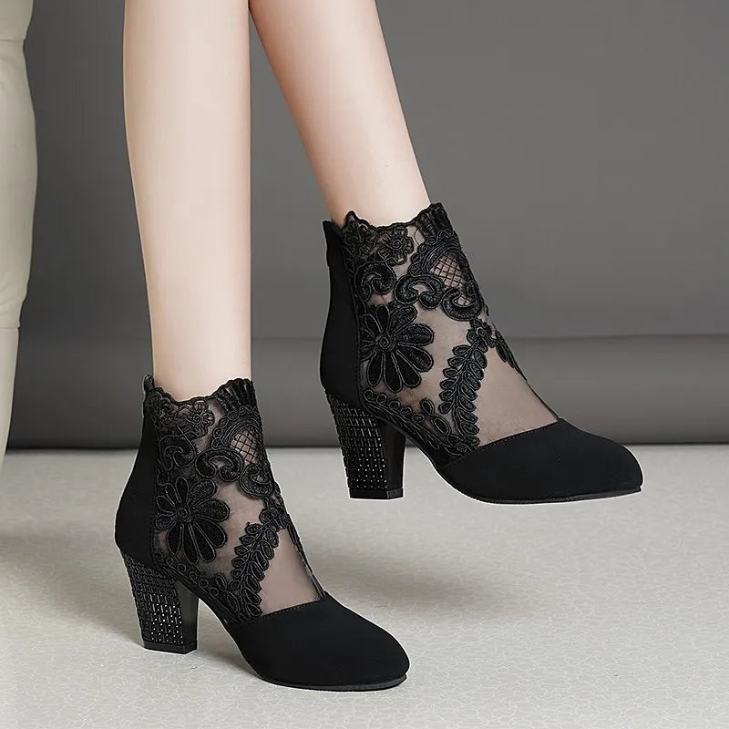 New 2023 Women's Spring Summer Shoes Ladies Lace Fashion Boots Female High Heels Round Toe Women Ankle Boots Large Size Shoes