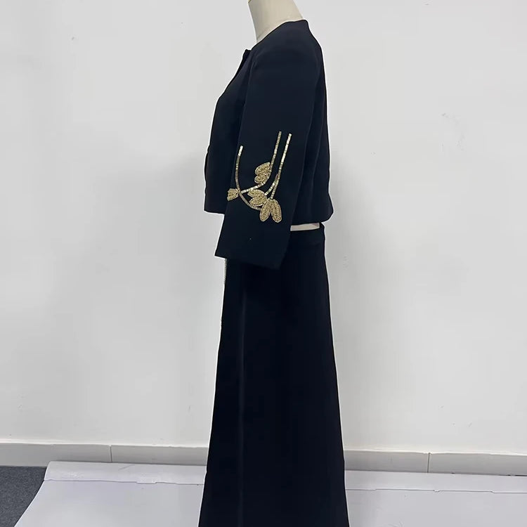 TWOTWINSTYLE Colorblock Chic Two Piece Sets For Women O Neck Half Sleeve Coat High Waist Skirt Elegant Set Female Fashion Style