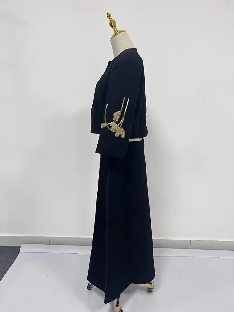 TWOTWINSTYLE Colorblock Chic Two Piece Sets For Women O Neck Half Sleeve Coat High Waist Skirt Elegant Set Female Fashion Style