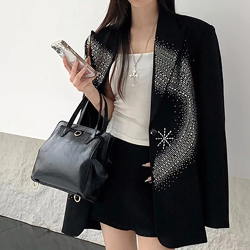 TWOTWINSTYLE Solid Loose Spliced Hot Fix Elegant Jackets for Women Lapel Long Sleeves Patchwork Button Jacket Female Fashion New